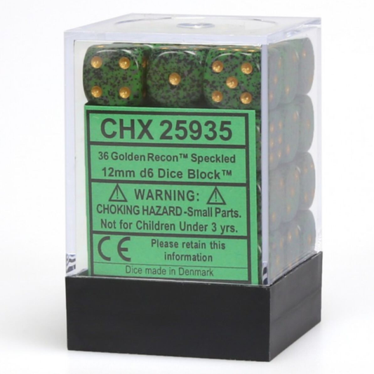 Chessex: Speckled Golden Recon with Gold Pips d6 12mm Dice Block (36 Dice)