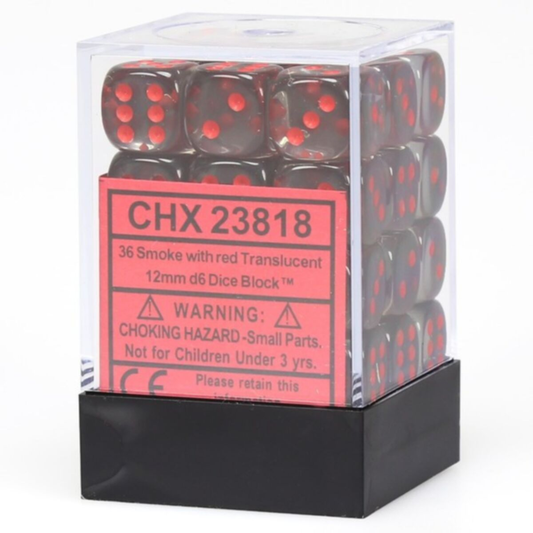 Chessex CHX 23818 dice block containing 36 translucent smoke grey 12mm d6 dice with red pips in a clear display case.