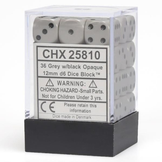 Chessex CHX 25810 dice block containing 36 dark grey 12mm six-sided dice with black pips in a clear plastic case.