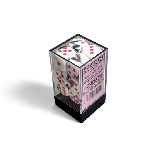 Chessex CHX 26669 dice block containing 12 black and white swirled 16mm d6 dice with vibrant pink pips in a clear case.