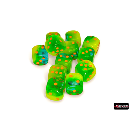 Chessex: CHX 26670 Gemini Plasma Green-Teal with Orange Pips Luminary 16mm d6 Dice Block (12)