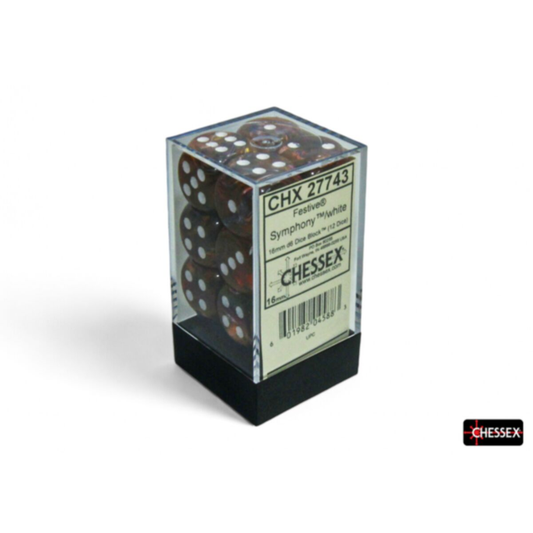 Chessex CHX 27743 dice block containing 12 festive Symphony swirled 16mm d6 dice with white pips in a clear display case.