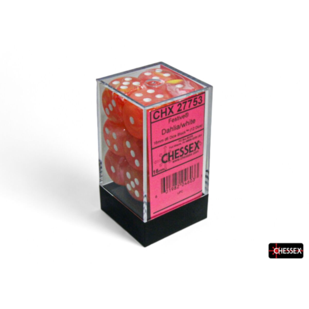 Chessex CHX 27753 dice block containing 12 festive Dahlia swirled 16mm d6 dice with Luminary glow and white pips.