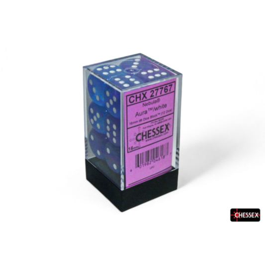 Chessex CHX 27767 dice block containing 12 blue and purple swirled Nebula Aura 16mm d6 dice with Luminary glow and white pips.