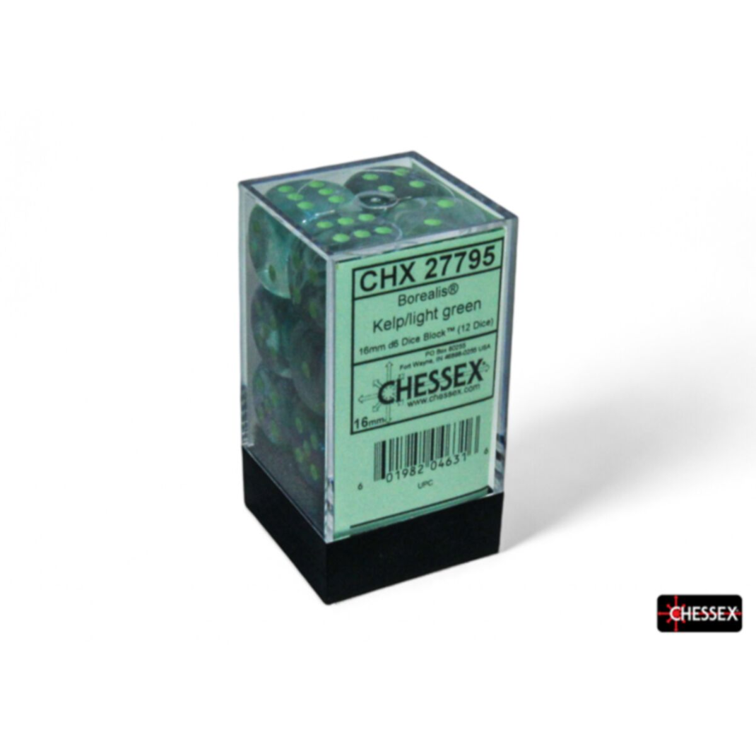 Chessex CHX 27795 dice block containing 12 Kelp green iridescent 16mm d6 dice with Luminary glow and light green pips