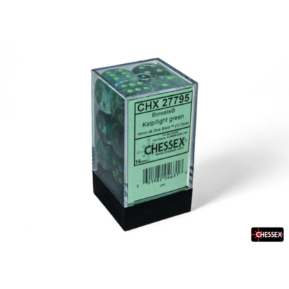 Chessex CHX 27795 dice block containing 12 Kelp green iridescent 16mm d6 dice with Luminary glow and light green pips