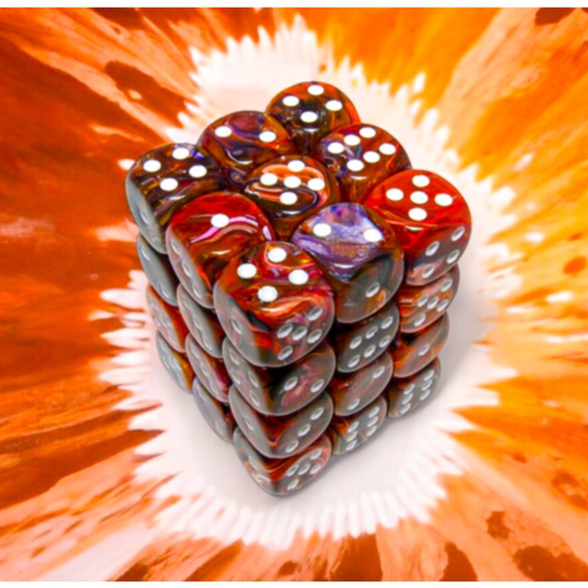 Chessex CHX 27943 dice block containing 36 festive Symphony 12mm d6 dice with white pips in a clear display case.