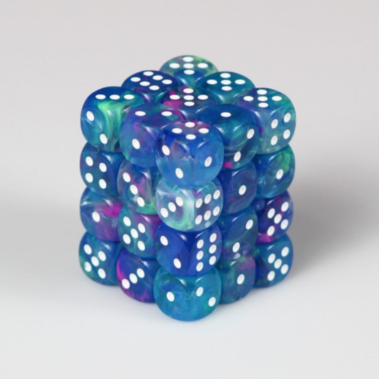 Chessex CHX 27946 dice block containing 36 festive Waterlily 12mm d6 dice with white pips in a clear display case.