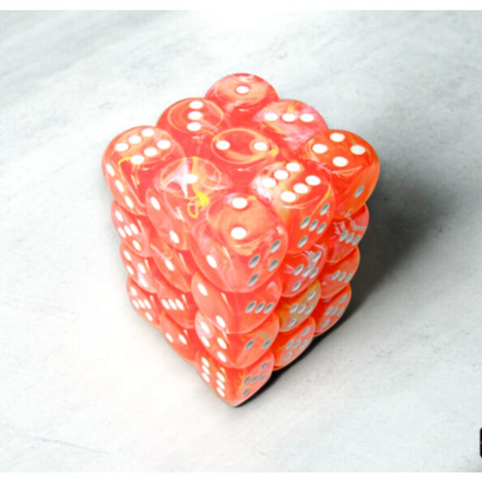 Chessex CHX 27953 Festive Dahlia Luminary dice block with 36 glow-in-the-dark 12mm d6 dice in a clear case.