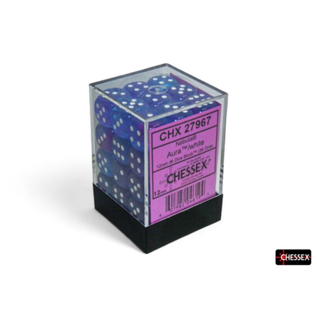 Chessex CHX 27967 Nebula Aura dice block containing 36 blue and purple swirled 12mm d6 dice with white pips and Luminary glow effect.