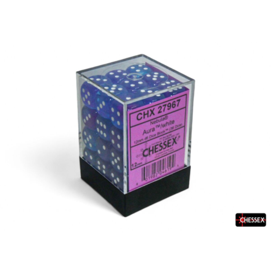 Chessex CHX 27967 Nebula Aura dice block containing 36 blue and purple swirled 12mm d6 dice with white pips and Luminary glow effect.