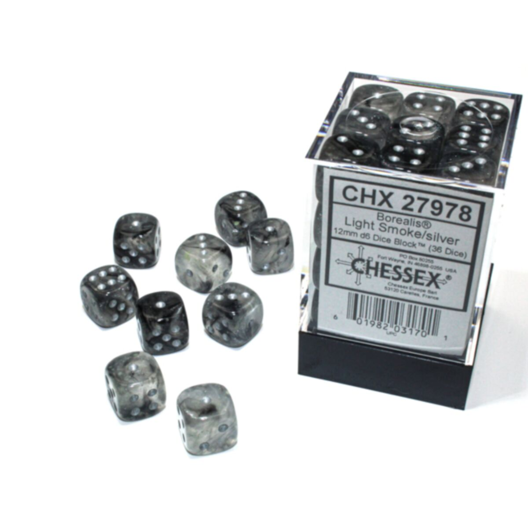Chessex CHX 27978 Borealis dice block with 36 light smoke iridescent 12mm d6 dice featuring silver pips and Luminary glow effect.