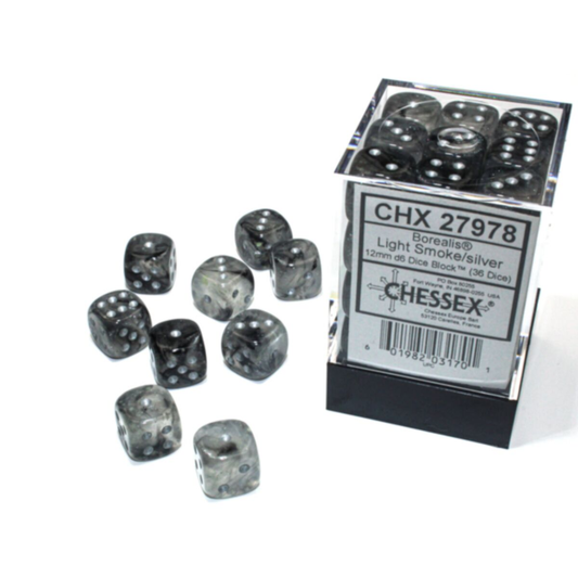 Chessex CHX 27978 Borealis dice block with 36 light smoke iridescent 12mm d6 dice featuring silver pips and Luminary glow effect.