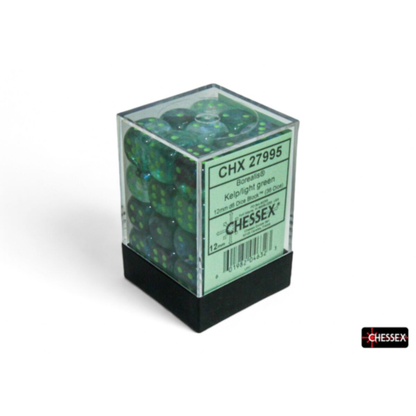 Chessex CHX 27995 Borealis dice block with 36 Kelp green iridescent 12mm d6 dice featuring light green pips and Luminary glow effect.