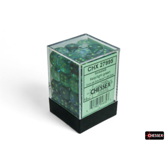 Chessex CHX 27995 Borealis dice block with 36 Kelp green iridescent 12mm d6 dice featuring light green pips and Luminary glow effect.