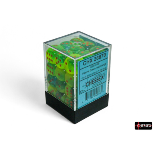 Chessex Gemini Plasma Green-Teal and Orange 12mm d6 dice block in a clear plastic storage case.