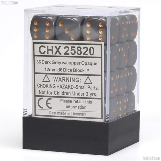 Chessex Opaque Dark Grey 12mm d6 dice block with copper pips in a clear protective storage case.