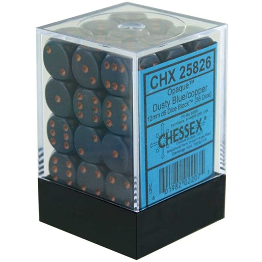 Chessex Opaque Dusty Blue 12mm d6 dice block with copper pips in a transparent storage case.