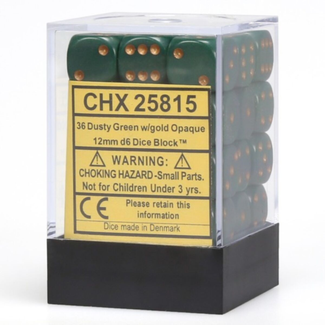 Chessex Opaque Dusty Green 12mm d6 dice block with copper pips in a clear protective storage case.