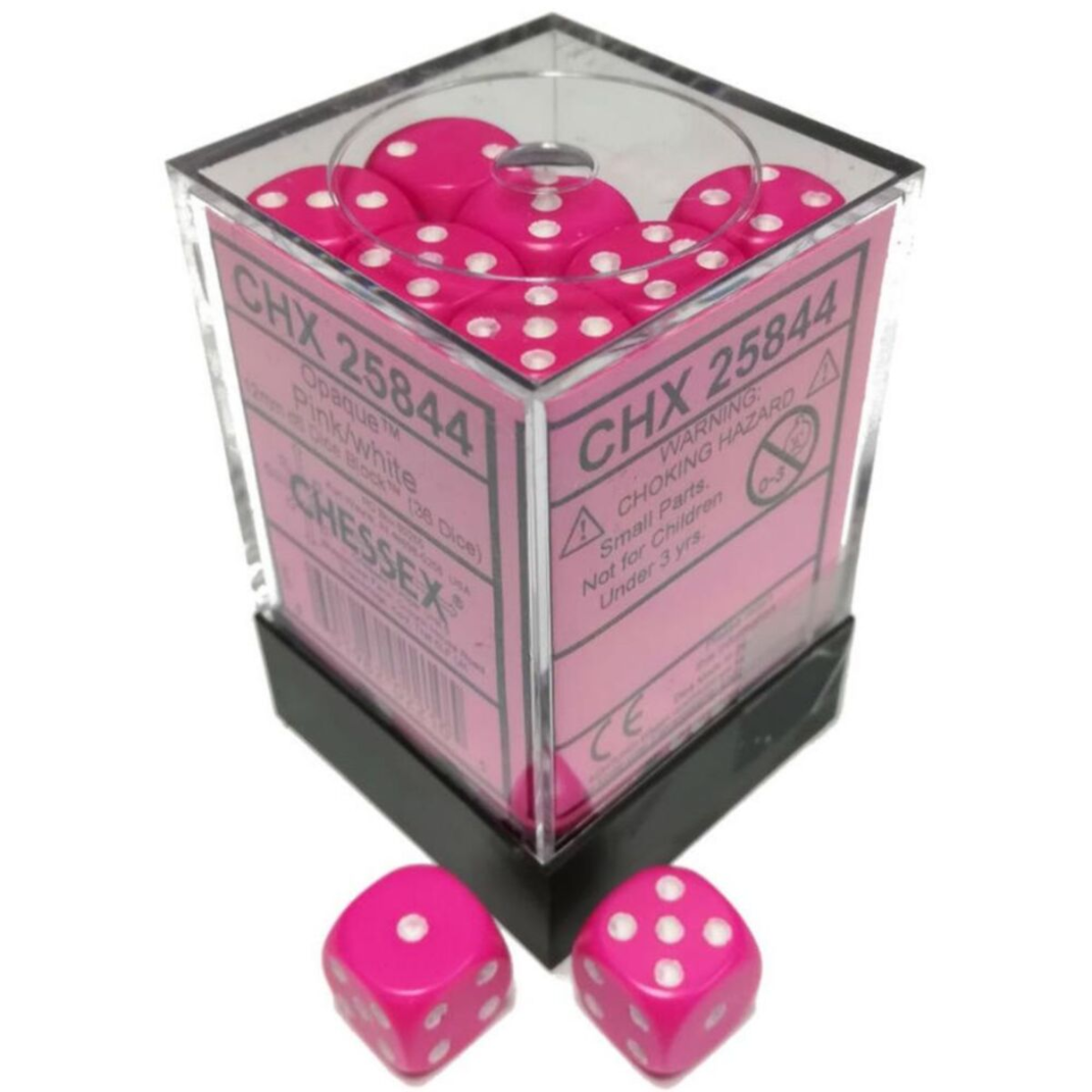Chessex Opaque Pink 12mm d6 dice block in its transparent protective storage case.
