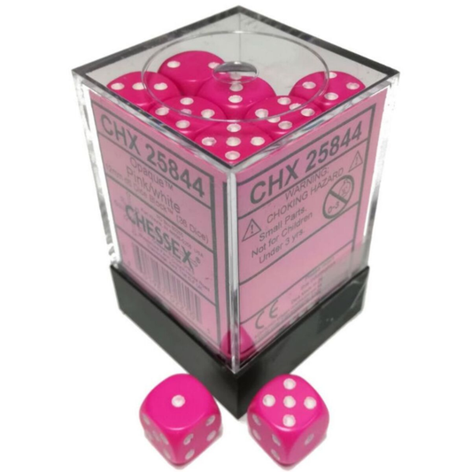 Chessex Opaque Pink 12mm d6 dice block in its transparent protective storage case.