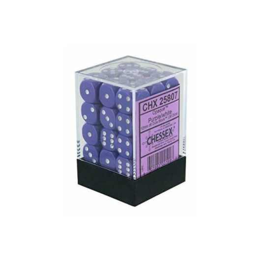 Chessex Opaque Purple 12mm d6 dice block in its clear protective storage box.