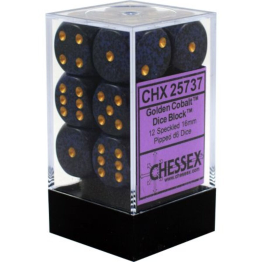 Chessex Golden Cobalt Speckled d6 dice block in a clear plastic display case.
