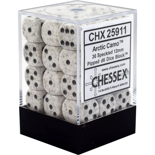 Chessex Speckled Arctic Camo 12mm d6 dice block featuring white and grey speckled dice with blue pips in a clear plastic case.