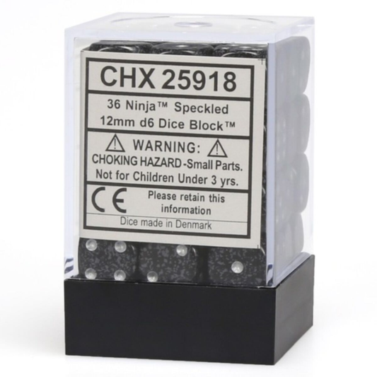 Chessex Speckled Ninja 12mm d6 dice block featuring black speckled dice with silver pips in a clear plastic case.
