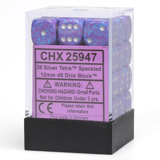 Chessex Speckled Silver Tetra 12mm d6 dice block featuring purple and blue speckled dice with silver pips in a clear case.