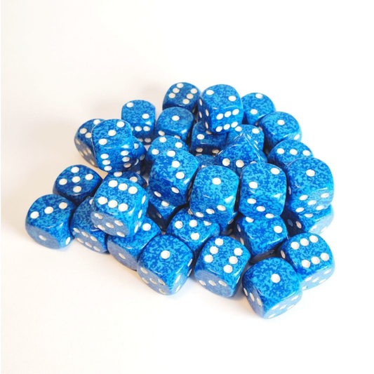 Chessex Speckled Water 12mm d6 dice block featuring blue speckled dice with white pips in a clear plastic case.