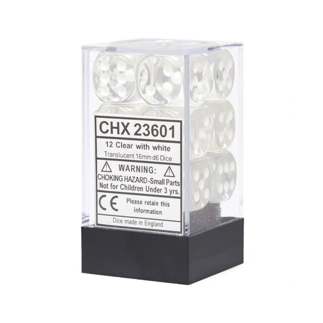 Chessex Translucent 16mm d6 Clear/White Block Dice set of 12 – Hobby Collectors Australia