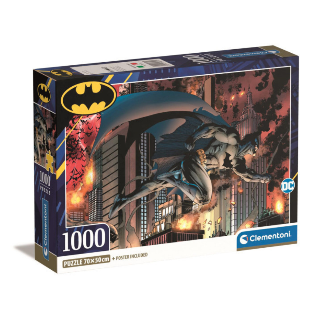 The Clementoni Batman 1,000 piece jigsaw puzzle box (39851), showing the iconic Dark Knight artwork and the "Poster Included" badge.