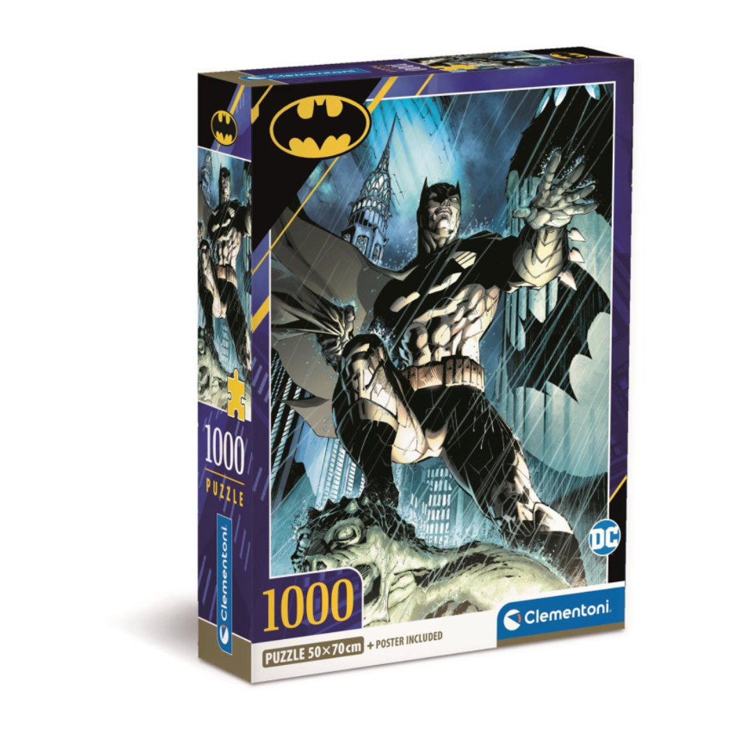 The Clementoni Batman 1,000 piece jigsaw puzzle box (39714), showing a dynamic Batman action scene and the "Poster Included" badge.