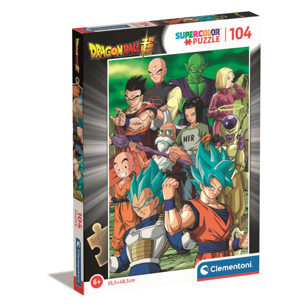 The Clementoni Dragon Ball Z Super Color 104 piece jigsaw puzzle box (25757), featuring a vibrant collage of Goku, Vegeta, and Gohan with the Super Color logo.