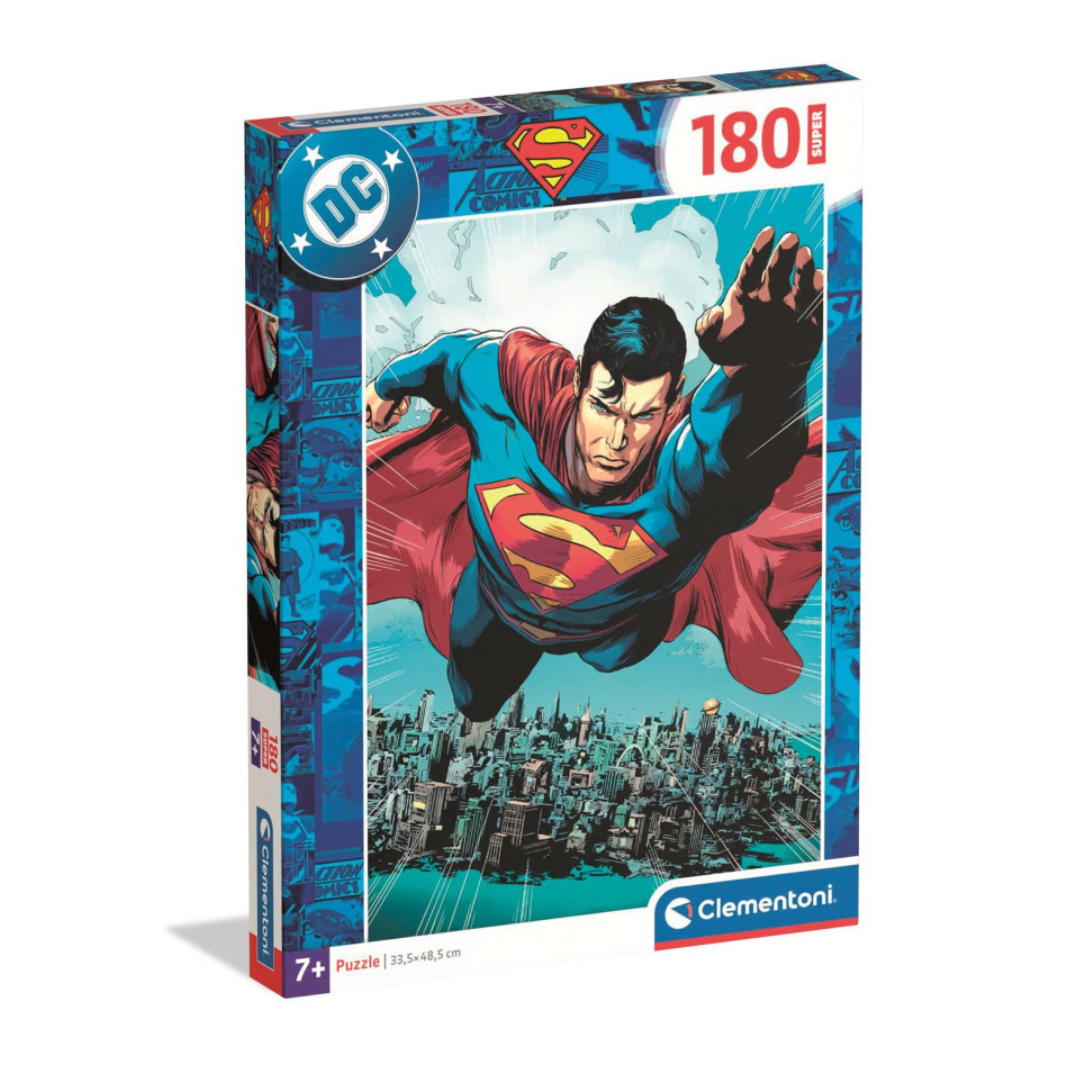 The Clementoni Superman Super Color 180 piece jigsaw puzzle box (29801), showing a heroic Superman in flight with the Super Color and DC Comics logos.