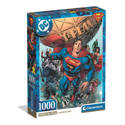 The Clementoni Superman Design 1 1,000 piece jigsaw puzzle box (37505), showing a powerful comic-style Superman artwork and the "Poster Included" badge.