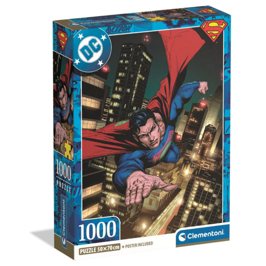 The Clementoni Superman Design 2 1,000 piece jigsaw puzzle box (37506), showing the heroic Superman artwork and the "Poster Included" badge.