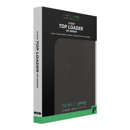 Palms Off Gaming: Collector’s Series 9-Pocket Top Loader Zip Binder closed, displaying its premium textured PU leather cover and secure steel zipper closure. Black
