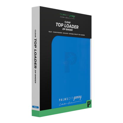 Palms Off Gaming: Collector’s Series 9-Pocket Top Loader Zip Binder closed, displaying its premium textured PU leather cover and secure steel zipper closure. Blue