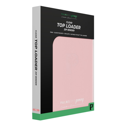 Palms Off Gaming: Collector’s Series 9-Pocket Top Loader Zip Binder closed, displaying its premium textured PU leather cover and secure steel zipper closure. Pink