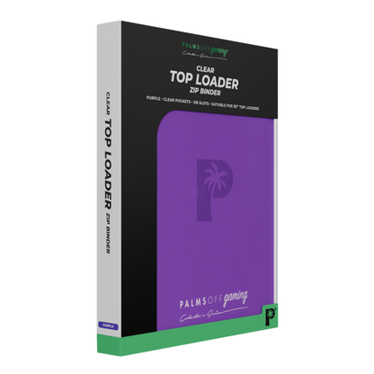 Palms Off Gaming: Collector’s Series 9-Pocket Top Loader Zip Binder closed, displaying its premium textured PU leather cover and secure steel zipper closure. Purple