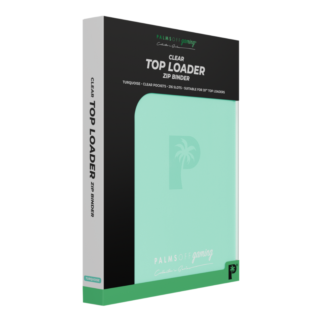 Palms Off Gaming: Collector’s Series 9-Pocket Top Loader Zip Binder closed, displaying its premium textured PU leather cover and secure steel zipper closure. Turquoise