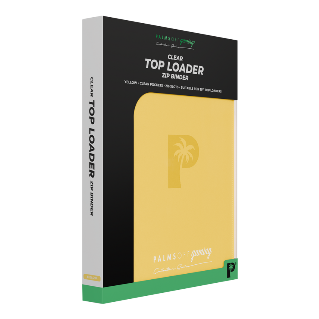 Palms Off Gaming: Collector’s Series 9-Pocket Top Loader Zip Binder closed, displaying its premium textured PU leather cover and secure steel zipper closure. Yellow