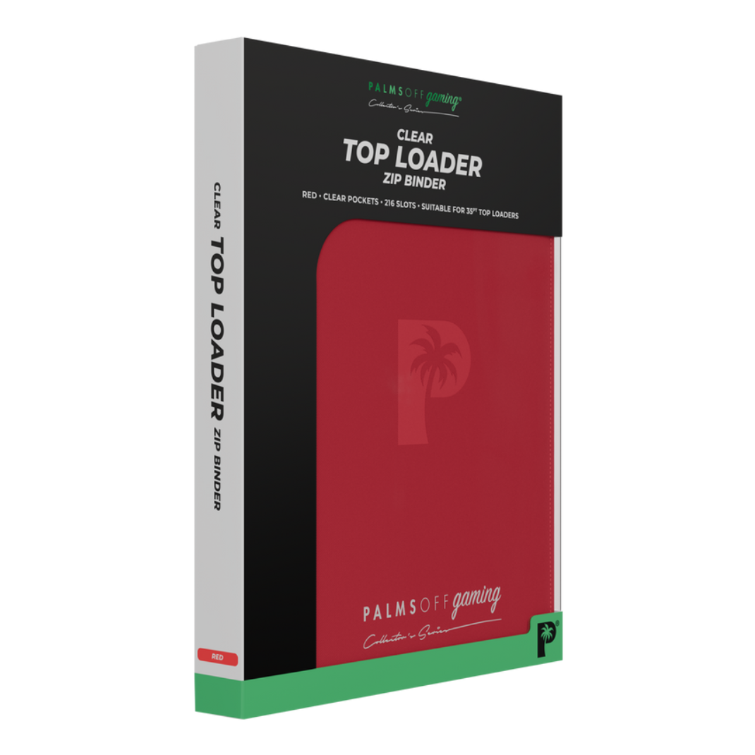 Palms Off Gaming: Collector’s Series 9-Pocket Top Loader Zip Binder closed, displaying its premium textured PU leather cover and secure steel zipper closure. Red