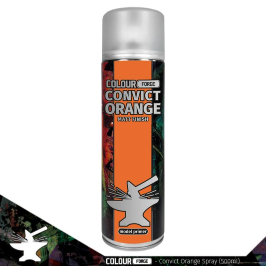 A professional 500ml aerosol can of Colour Forge Convict Orange Spray Primer featuring a bright orange color-coded cap and clear hobby branding.
