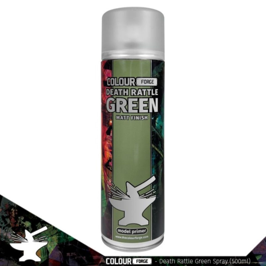 A 500ml aerosol can of Colour Forge Death Rattle Green Spray Primer with a muted olive-green color-coded cap and professional hobby branding.