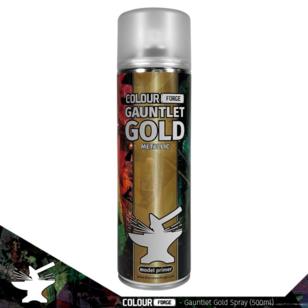 A 500ml aerosol can of Colour Forge Gauntlet Gold Spray Primer with a vibrant gold color-coded cap and professional hobby branding.