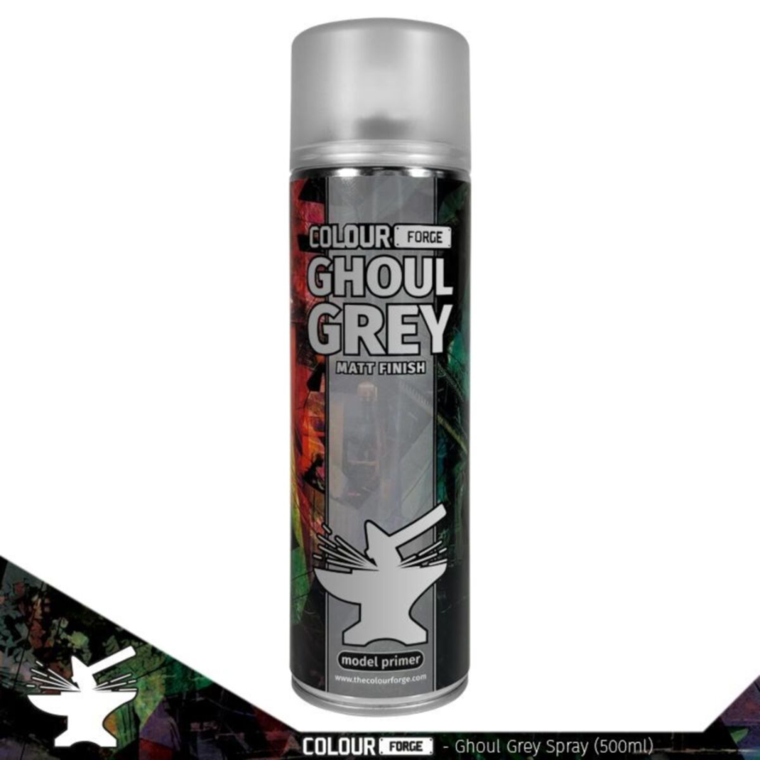 A professional 500ml aerosol can of Colour Forge Ghoul Grey Spray Primer featuring a light-grey color-coded cap and clear hobby branding.