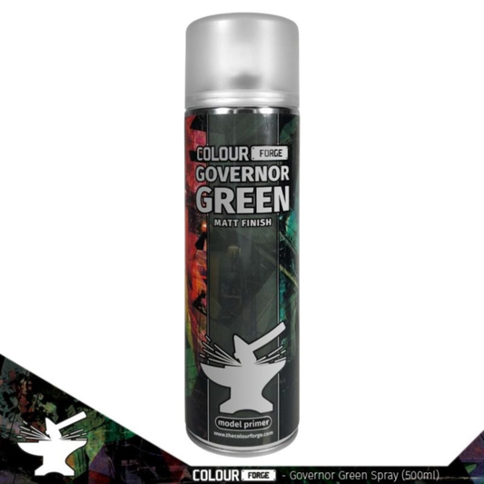 A professional 500ml aerosol can of Colour Forge Governor Green Spray Primer featuring a muted dark green color-coded cap and clear hobby branding.